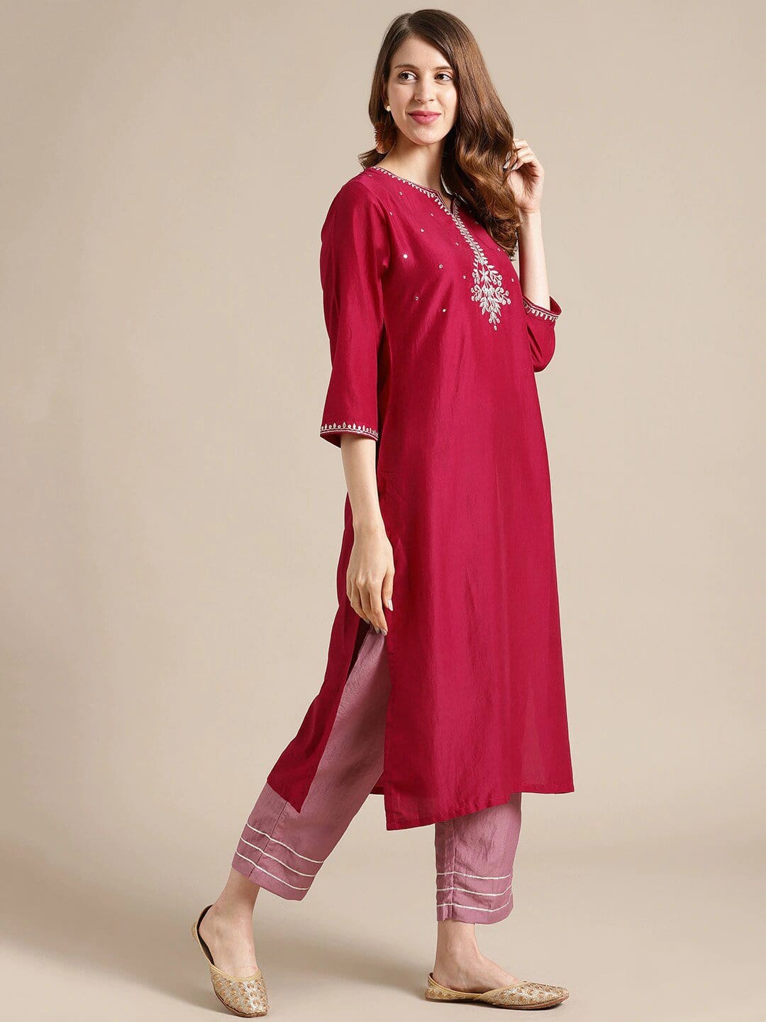 Women's Magenta Panelled Kurta with Trousers & Dupatta