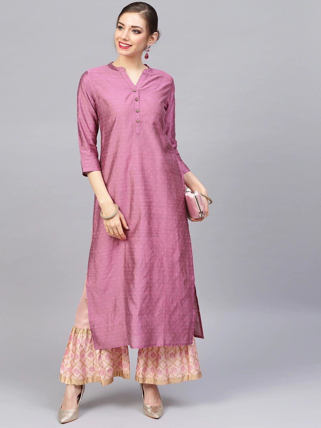 Women's Pink Dobby Woven Design Straight Kurta