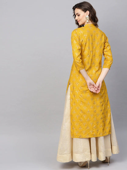 Women's Mustard Yellow & Golden Foil Print Straight Kurta