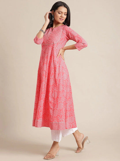 Women's Pink & Off White Ethnic Motifs Printed Anarkali Kurta