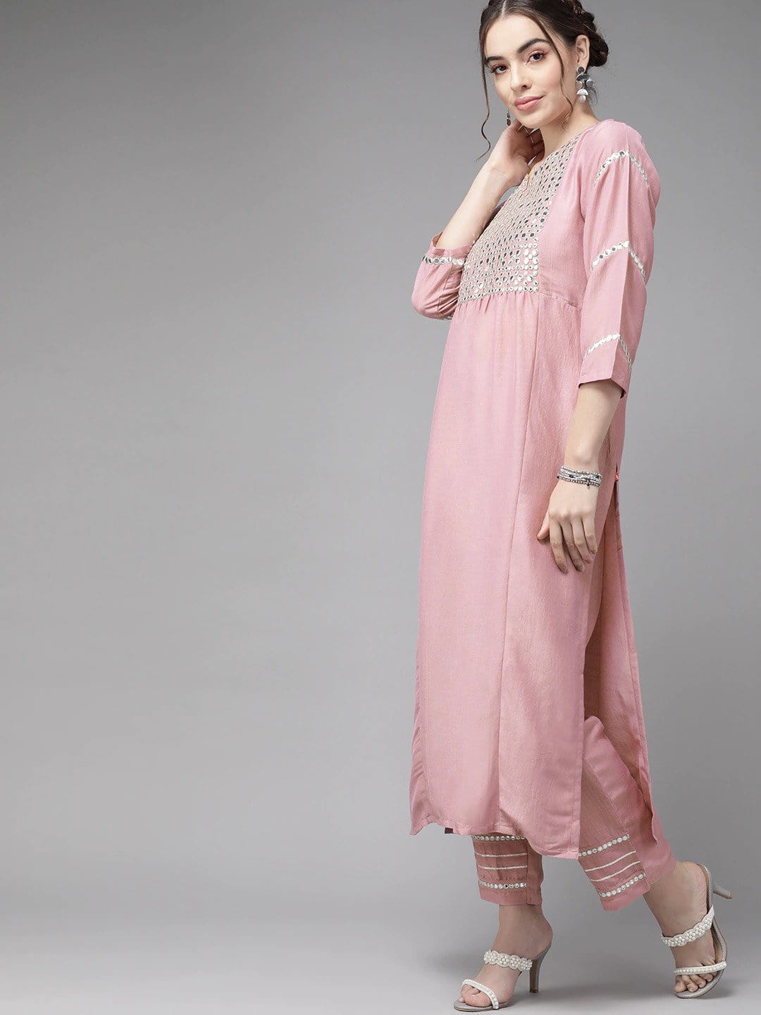 Women's Mauve & Silver Embroidered Mirror Work Kurta with Trousers & Dupatta