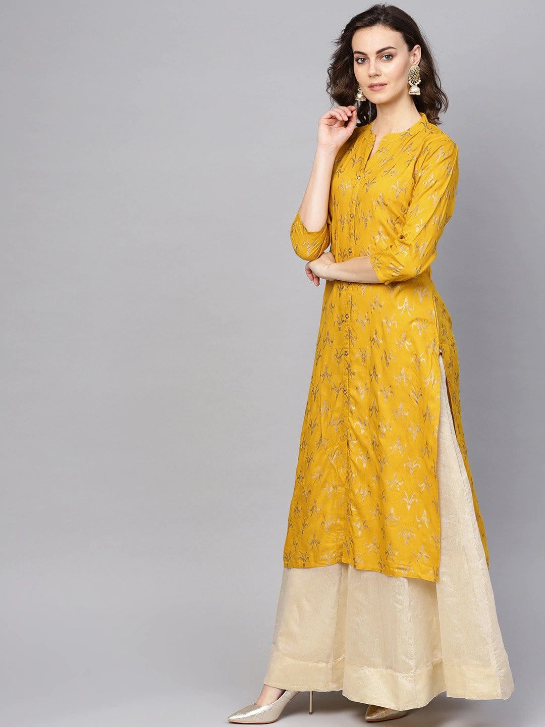 Women's Mustard Yellow & Golden Foil Print Straight Kurta