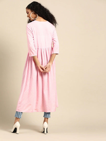 Women's Pink & White Polka Dots Printed Kurta