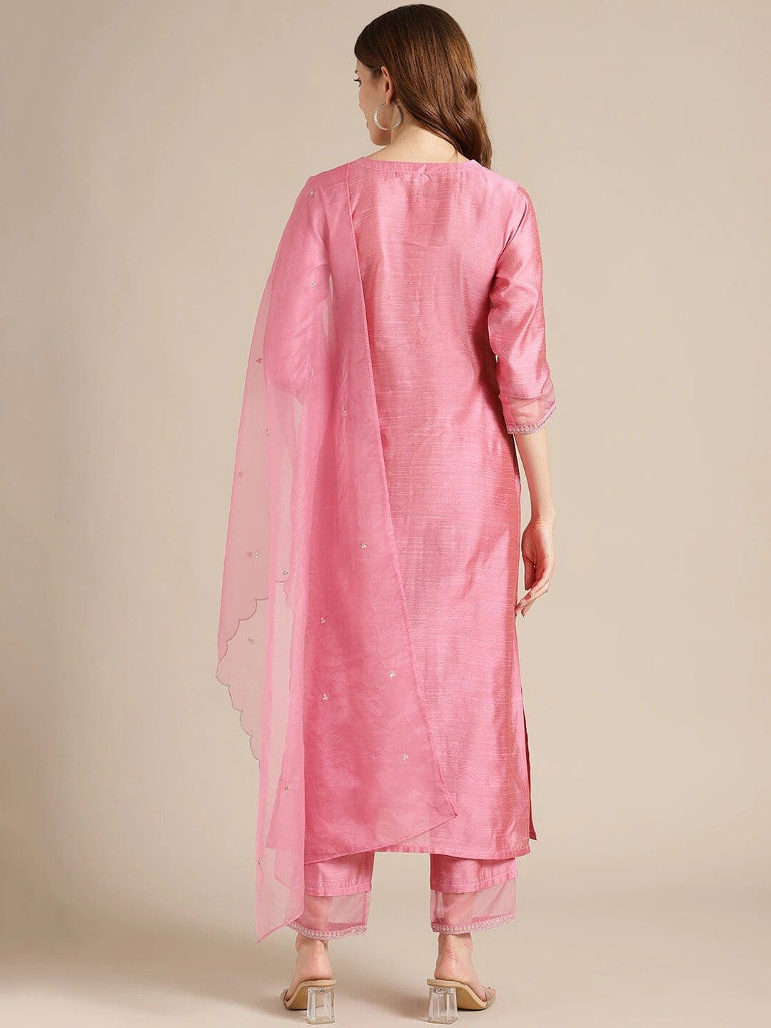 Women's Pink Floral Embroidered Thread Work Kurta with Trousers & With Dupatta