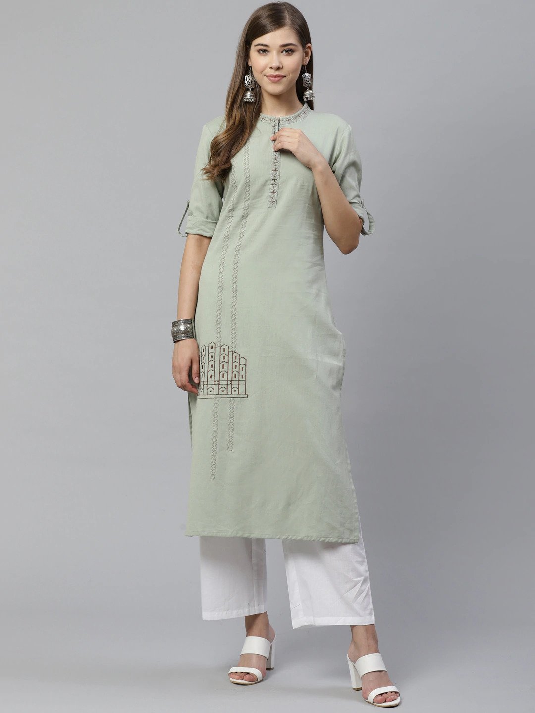 Women's Dusty Green Embroidered Kurta