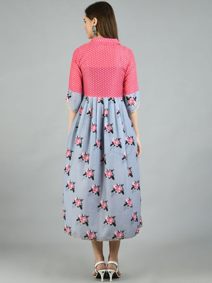 Women's Multi Polyester Printed 3/4 Sleeve Shirt Coller Casual Dress