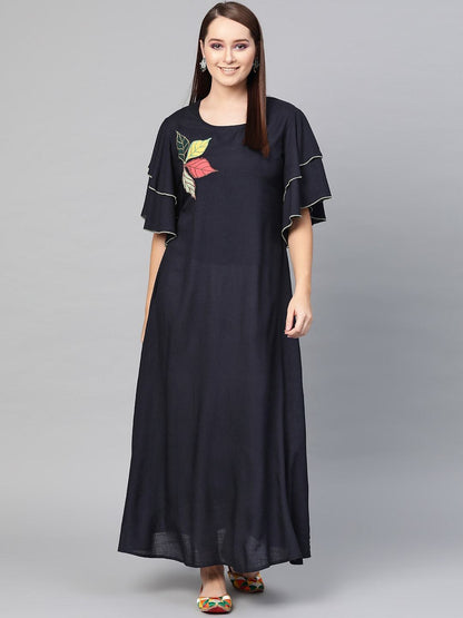 Women's  Navy Blue Embroidered A-Line Dress