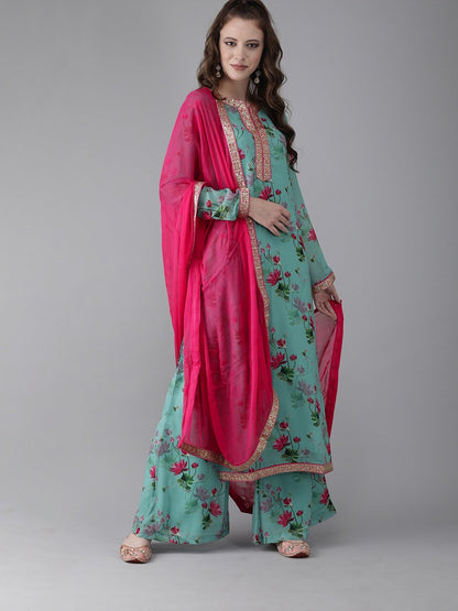 Women's  Turquoise Blue & Pink Printed Kurta with Palazzos & Dupatta