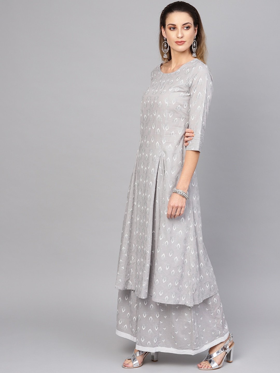 Women's  Grey & White Khari Print Kurta with Palazzos