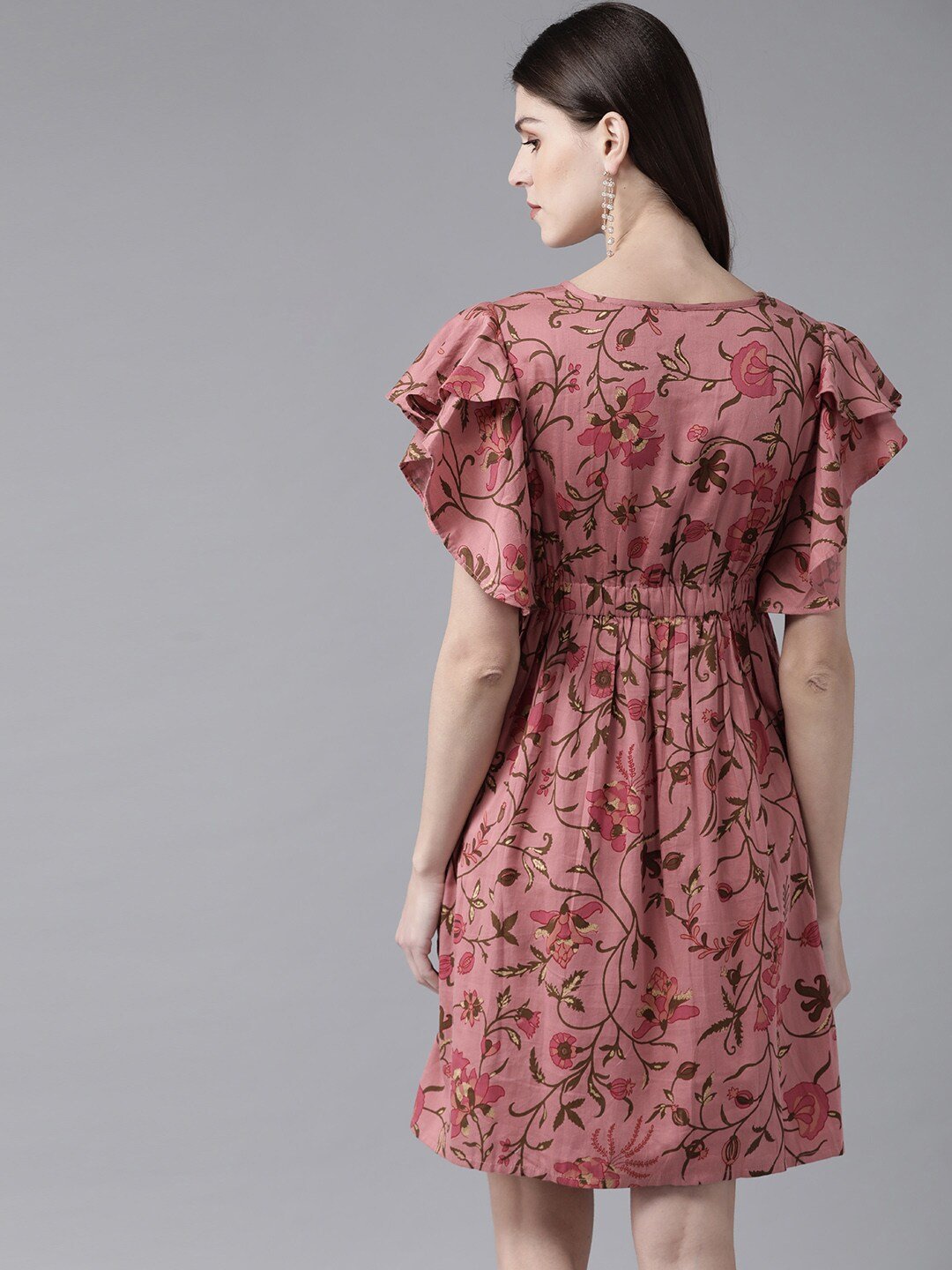 Women's  Pink & Olive Green Printed A-Line Dress
