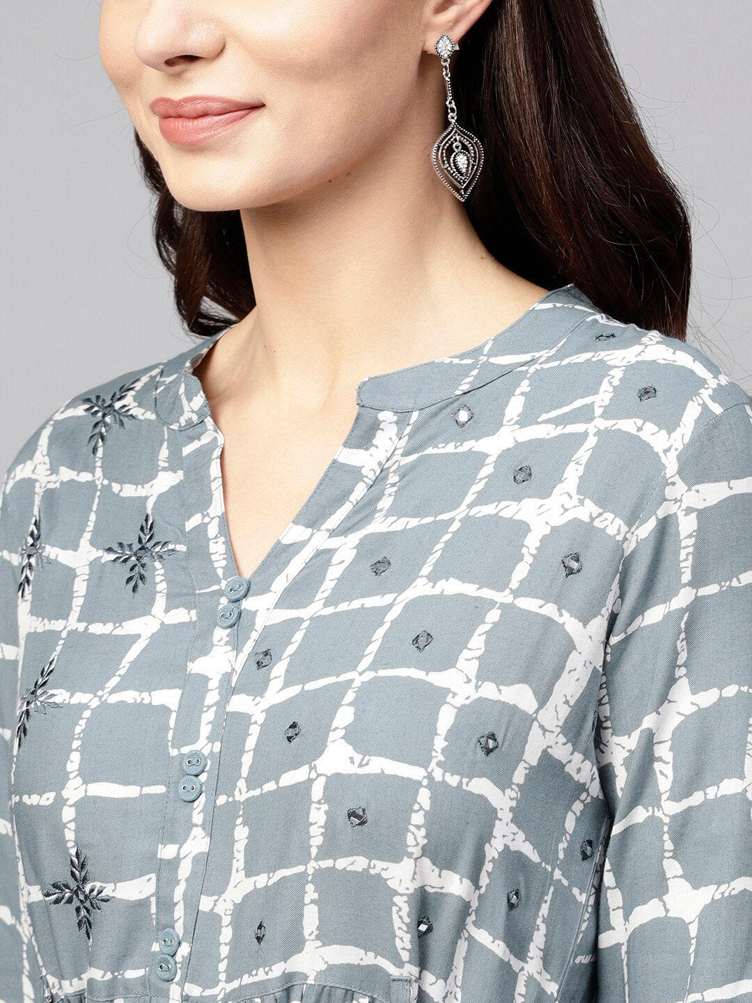 Women's  Grey Checked Midi Fit & Flare Dress