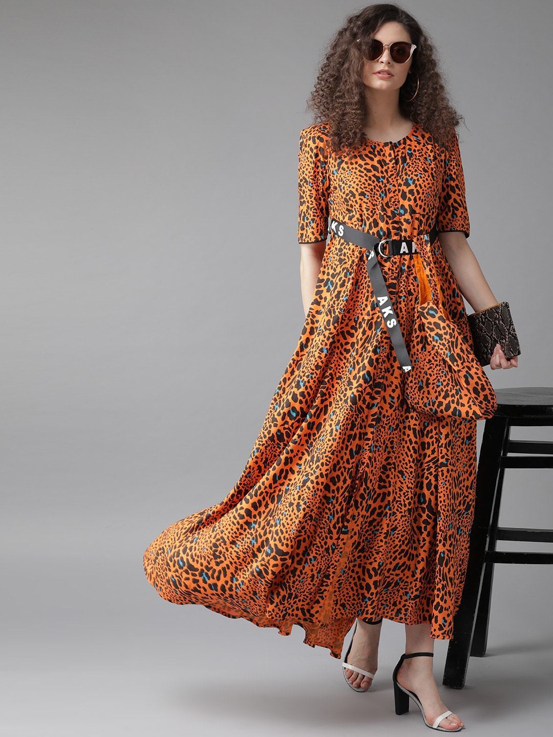 Women's  Orange & Black Animal Printed Maxi Dress