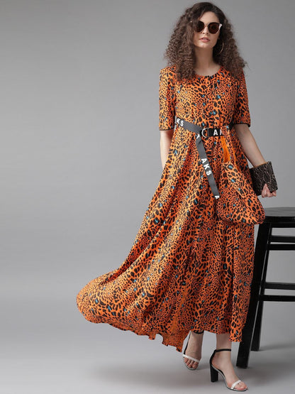 Women's  Orange & Black Animal Printed Maxi Dress