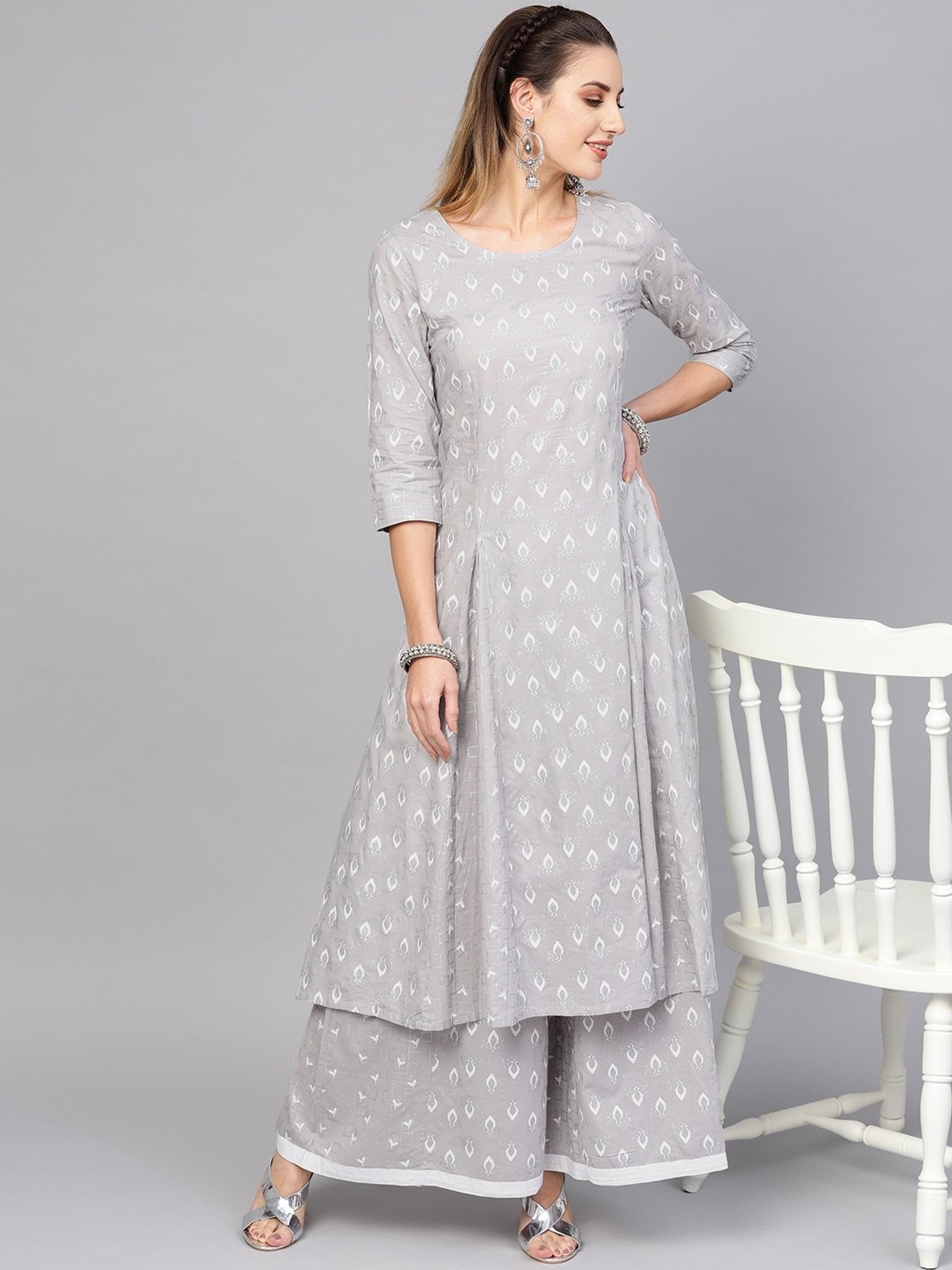 Women's  Grey & White Khari Print Kurta with Palazzos
