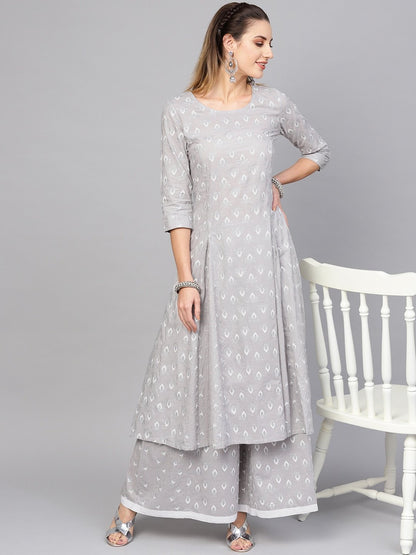 Women's  Grey & White Khari Print Kurta with Palazzos