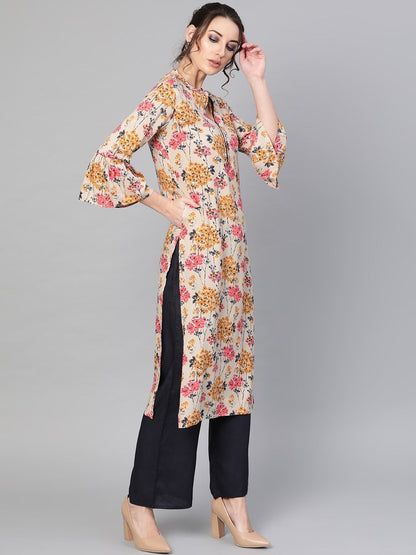 Women's  Cream-Coloured & Navy Blue Printed Kurta with Palazzos