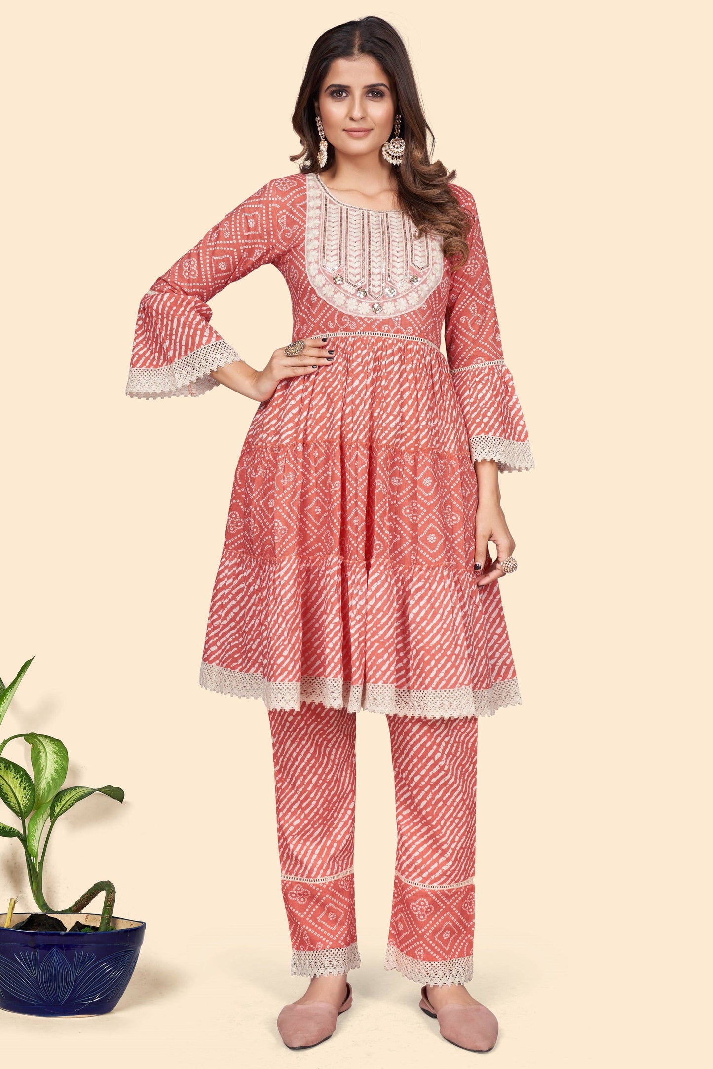 Women's Bandhani Print & Embroidered Flared Cotton Orange Stitched Top With Pant