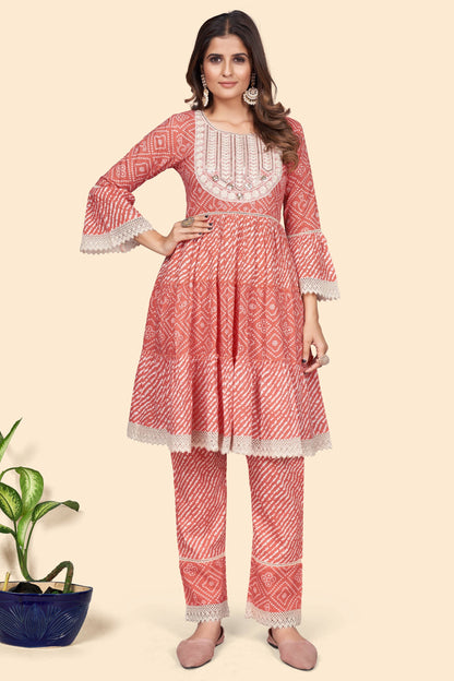 Women's Bandhani Print & Embroidered Flared Cotton Orange Stitched Top With Pant