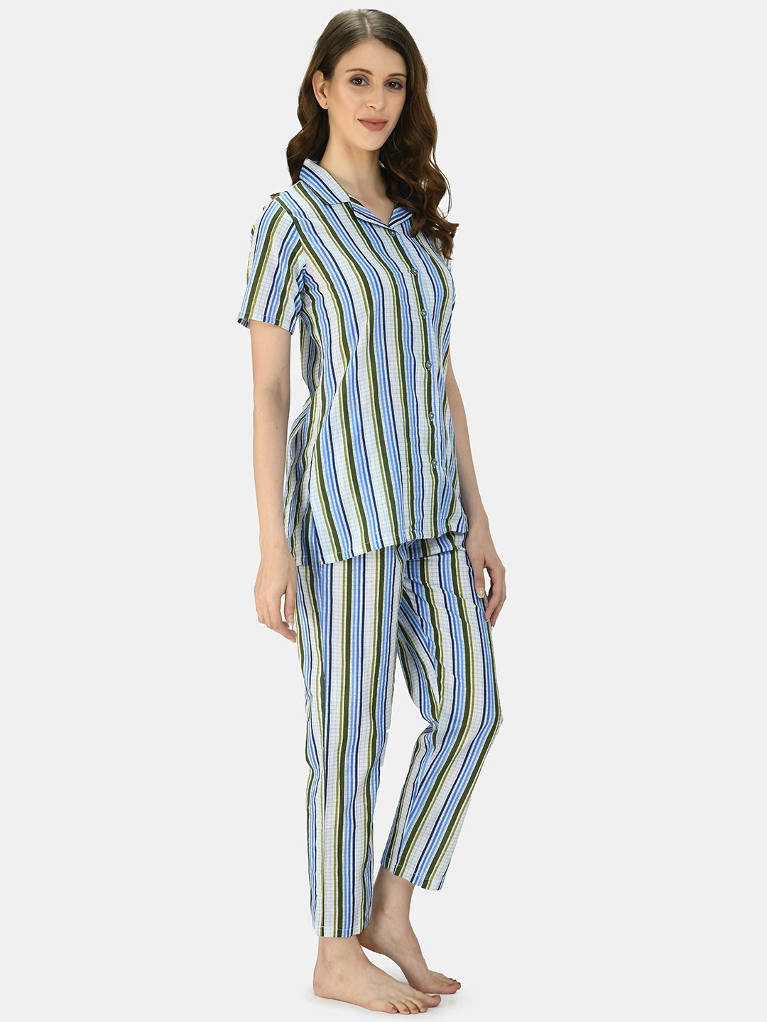 Women's Multicolor Cotton Printed Half Sleeve Coller Casual Night Suit