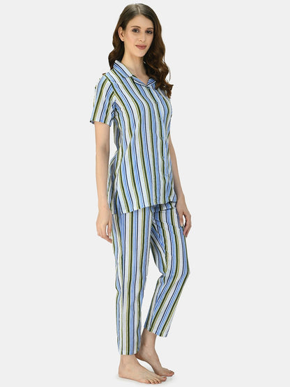 Women's Multicolor Cotton Printed Half Sleeve Coller Casual Night Suit