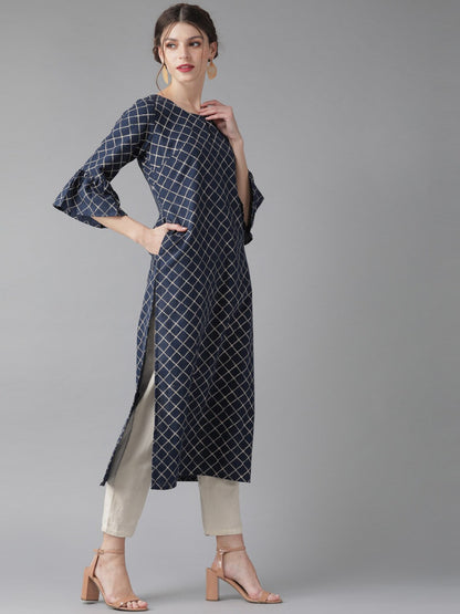 Women's Navy Blue Checked Kurta