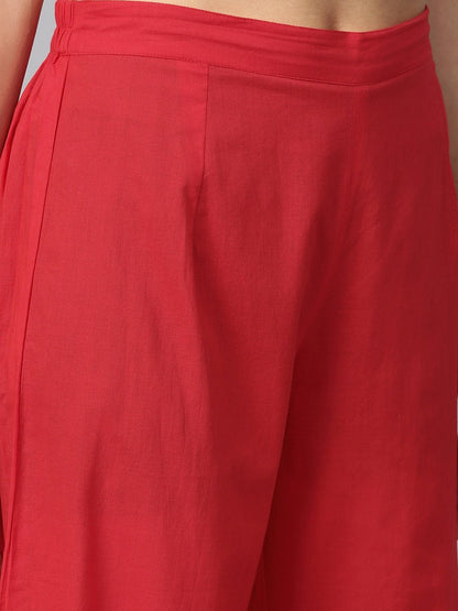 Women's  Red & White Yoke Design Kurta with Palazzos & Dupatta