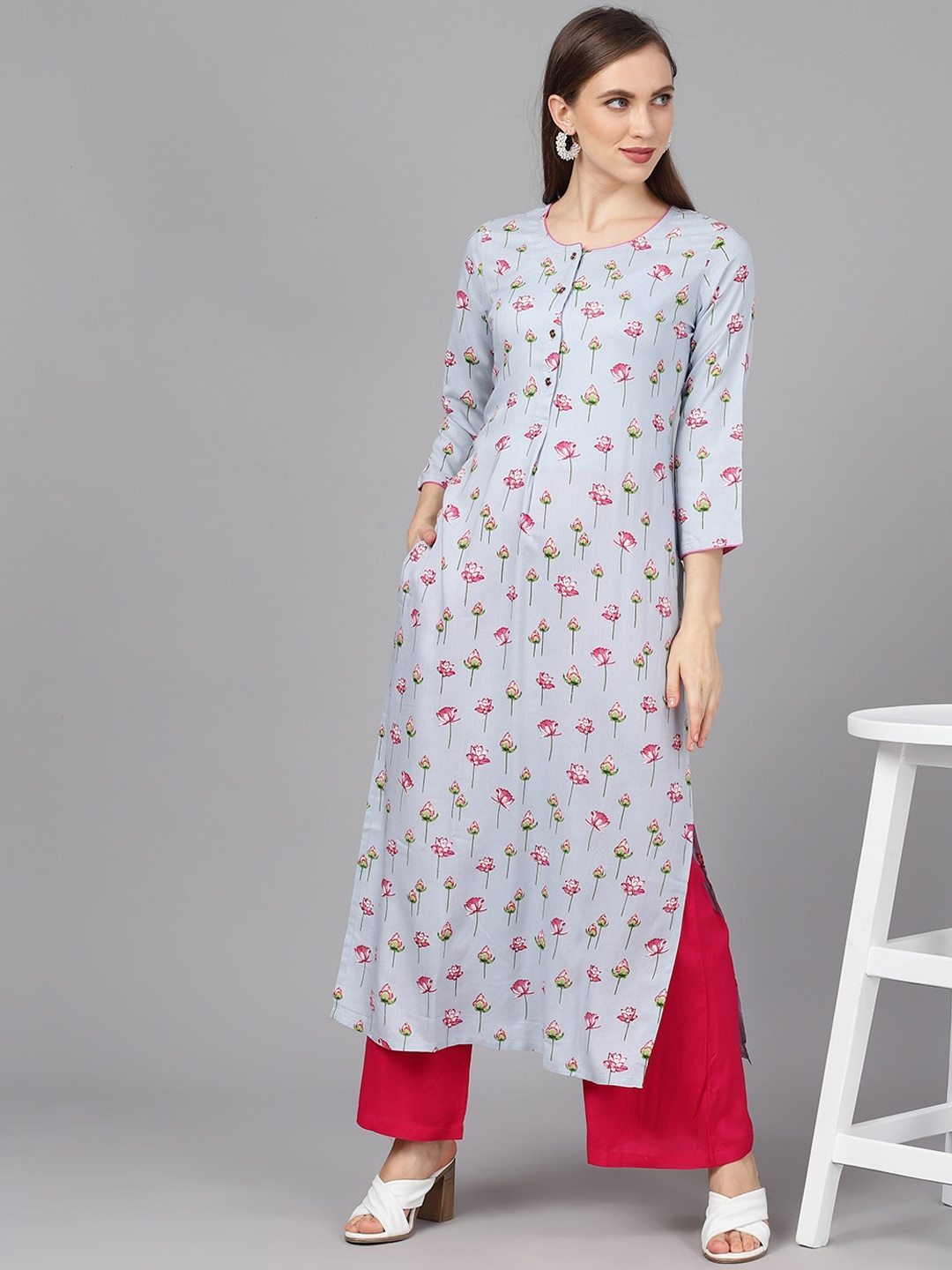 Women's  Blue & Pink Floral Print Straight Kurta