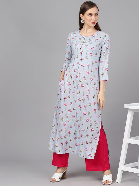 Women's  Blue & Pink Floral Print Straight Kurta