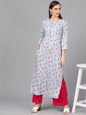 Women's  Blue & Pink Floral Print Straight Kurta