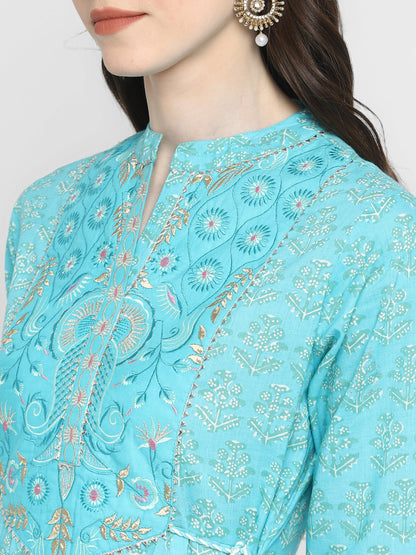 Women's Sky Blue Anarkali Cotton Kurta By Vbu