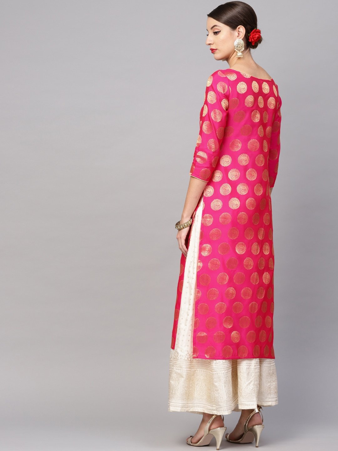 Women's  Pink & Golden Woven Design Straight Kurta