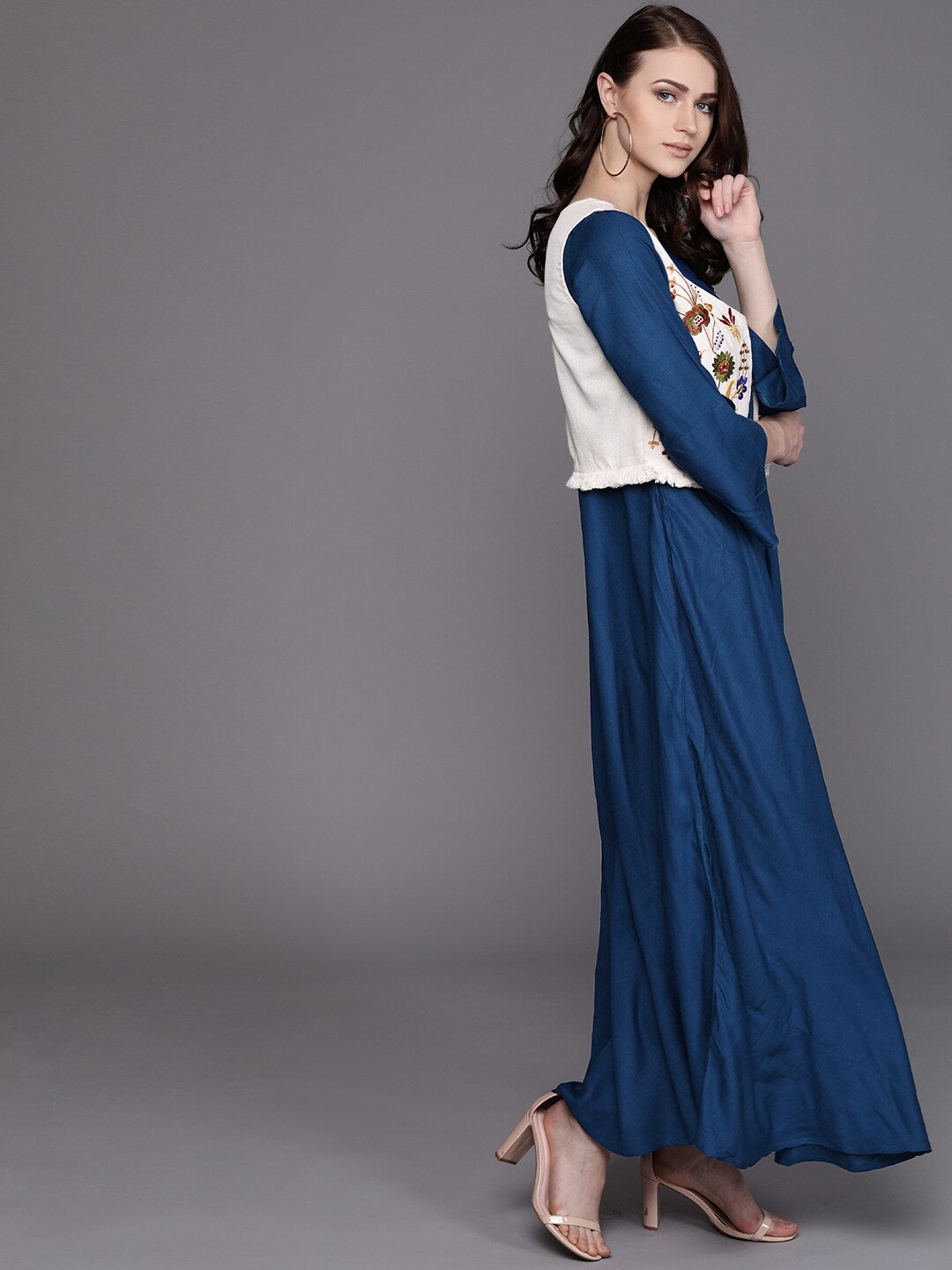 Women's Blue Maxi Gown with Floral Embroidered Jacket