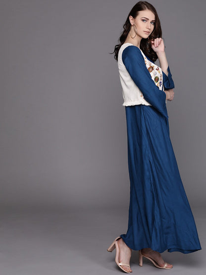 Women's Blue Maxi Gown with Floral Embroidered Jacket