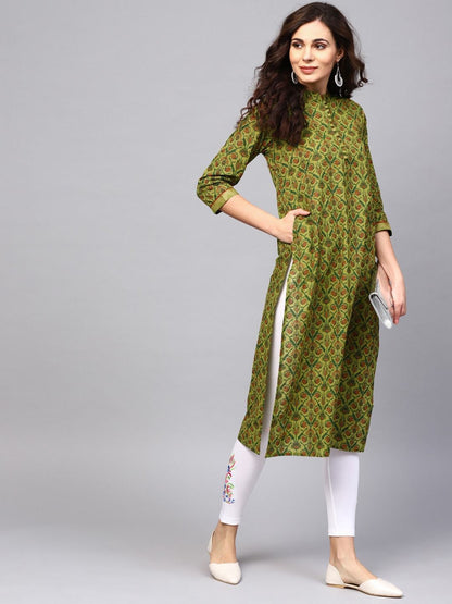 Women's  Green & Brown Printed Straight Kurta