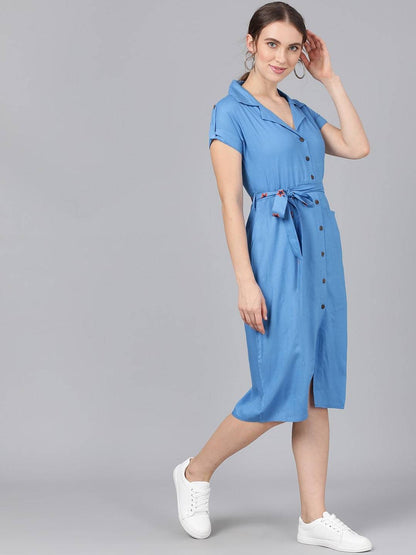 Women's  Blue Solid Shirt Dress With Belt
