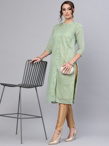 Women's  Green & Beige Checked Straight Kurta