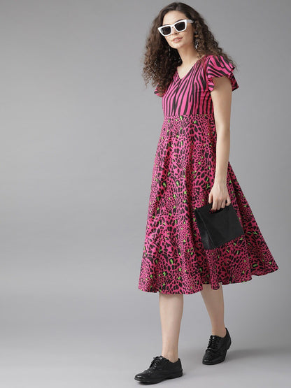 Women's  Pink & Black Animal Printed Fit and Flare Dress