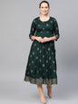 Women's  Green & Golden Screen Print A-Line Kurta