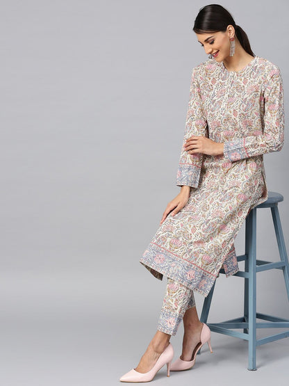 Women's  Cream-Coloured & Pink Printed Kurta with Trousers