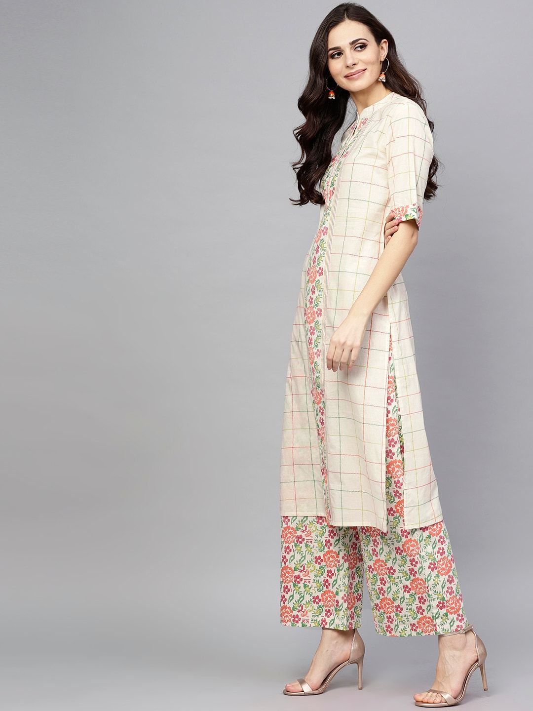 Women's  Off-White & Pink Checked Kurta with Palazzos