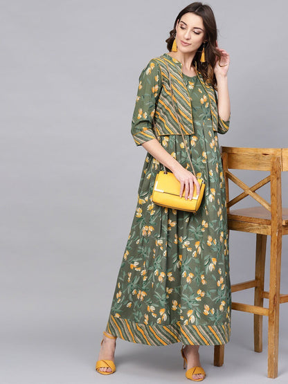Women's  Green & Yellow Floral Printed Maxi Dress with Ethnic Jacket