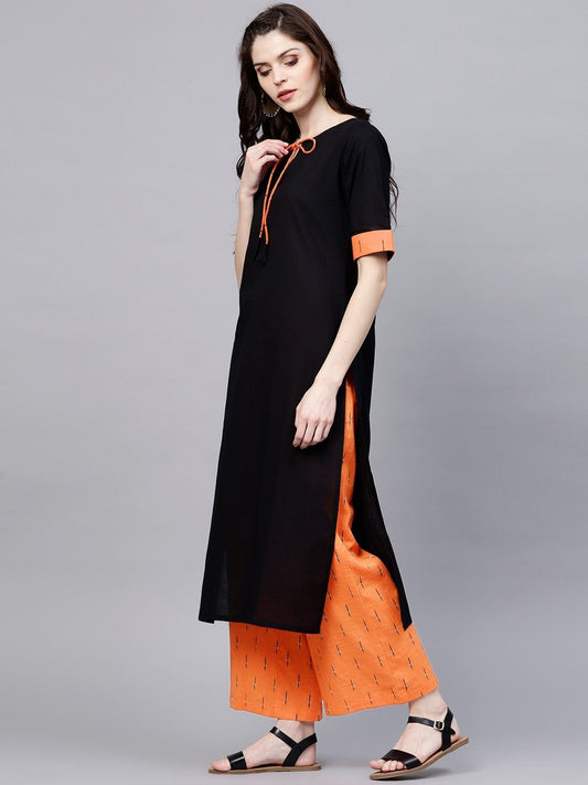 Women's  Black & Orange Solid Kurta with Palazzos