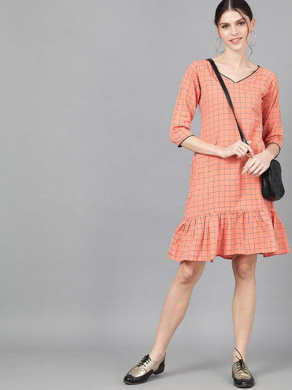 Women's  Peach-Coloured Checked Drop-Waist Dress