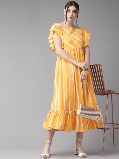 Women's  Mustard Yellow & White Striped A-Line Dress