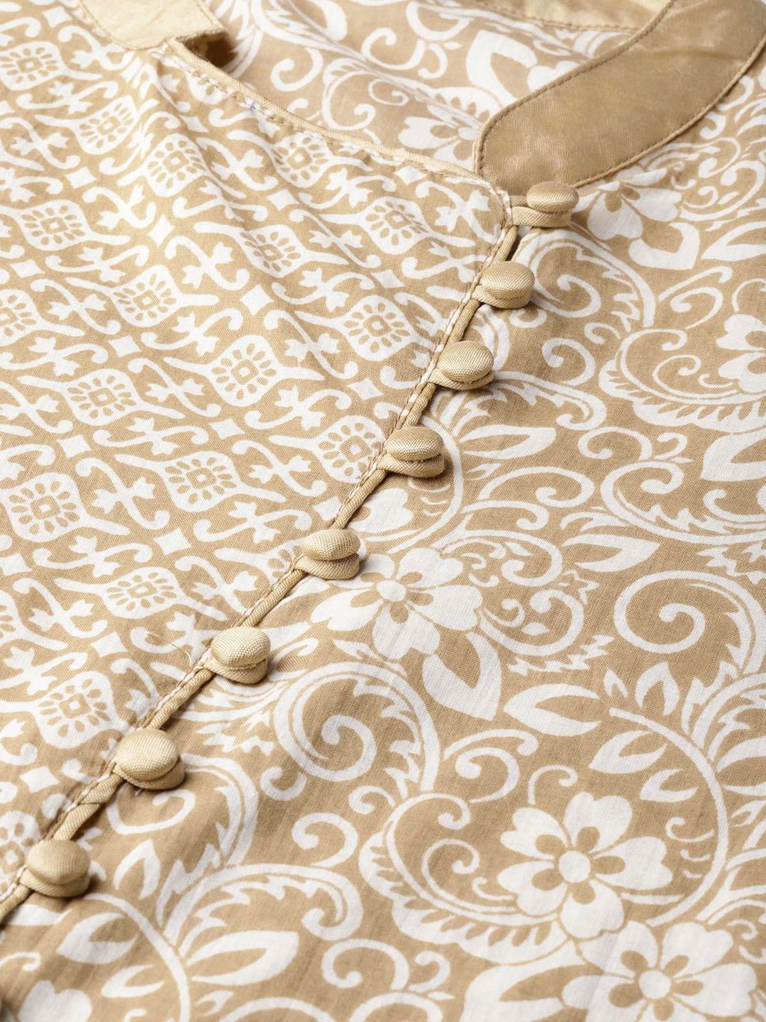 Women's  Off-White & Beige Printed A-Line Angrakha Kurta