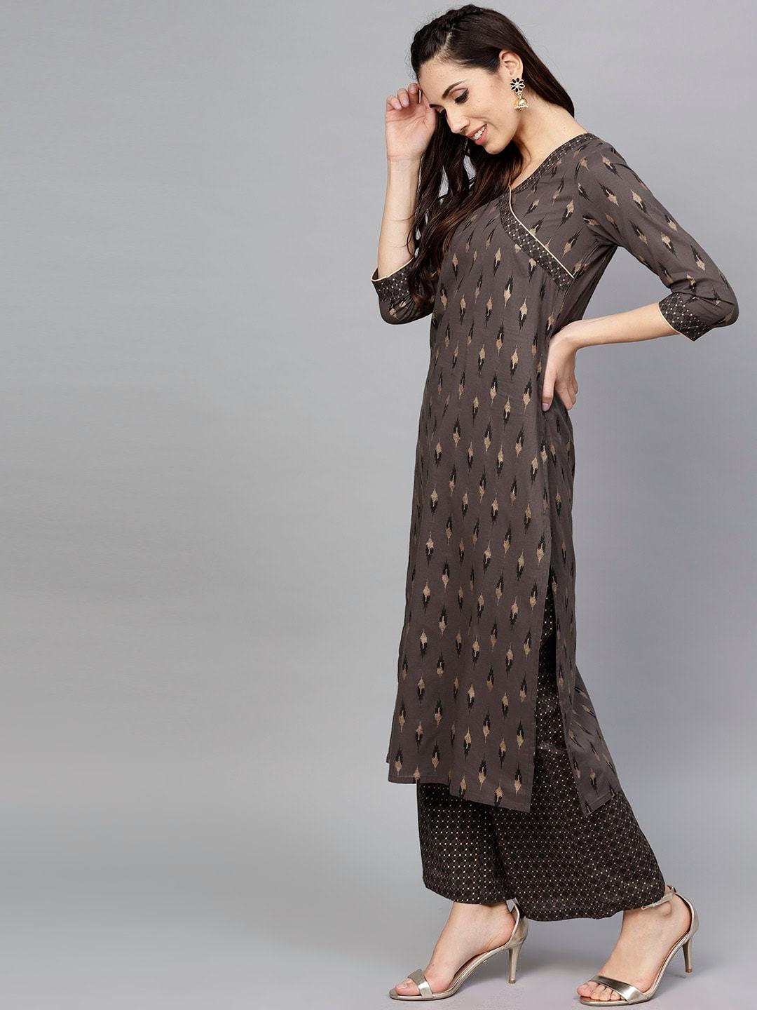 Women's  Charcoal & Gold-Toned Printed Kurta with Trousers