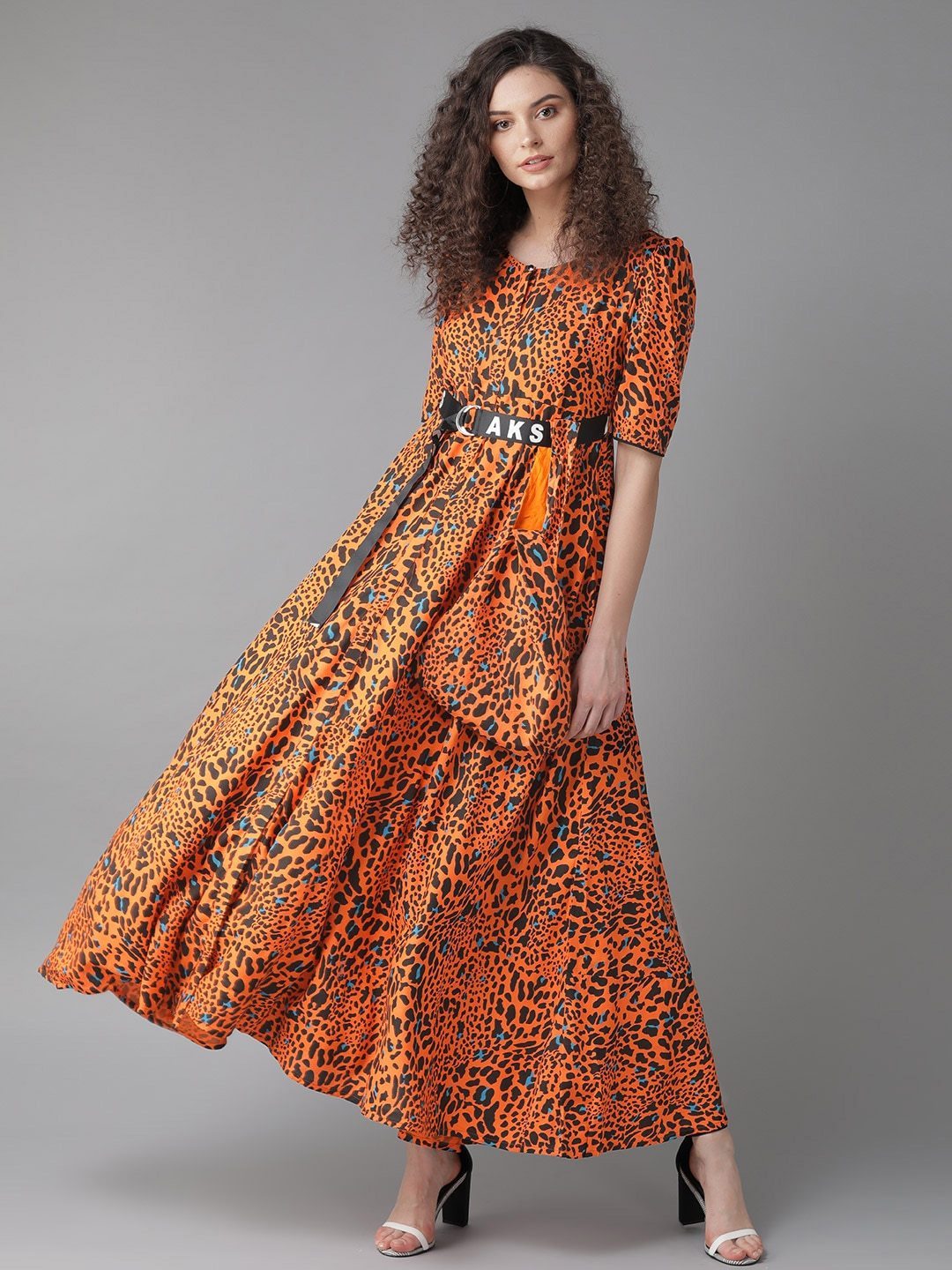 Women's  Orange & Black Animal Printed Maxi Dress