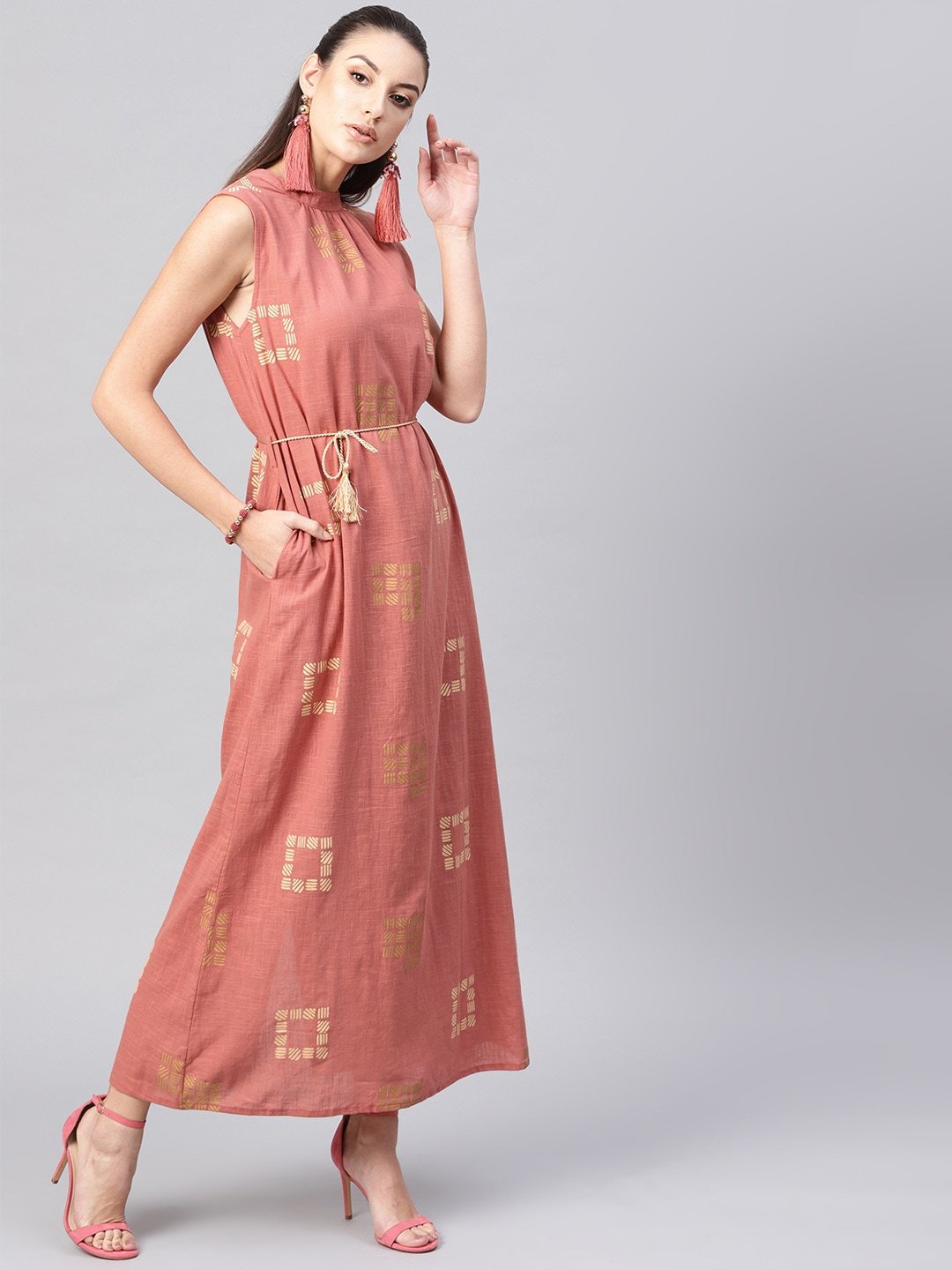 Women's  Dusty Pink & Beige Khari Print Maxi Dress