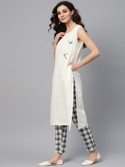 Women's  Off-White & Grey Solid Kurta with Trousers