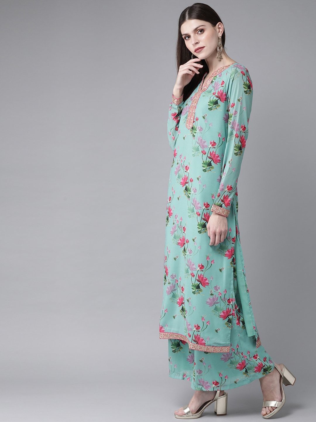 Women's  Blue & Pink Printed Kurta with Palazzos & Dupatta